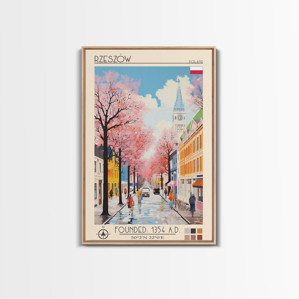 Rzeszów Poland Travel Poster Framed Canvas Print, Midcentury Modern Art, Pop Art Wall Decor, Living Room Art, Bedroom Decoration