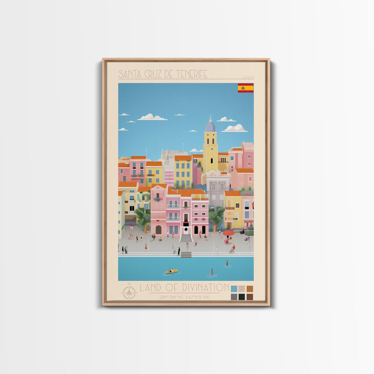 Santa Cruz de Tenerife Spain Travel Poster Framed Canvas Print, Midcentury Modern Art, Pop Art Wall Decor, Living Room Art, Bedroom Decoration