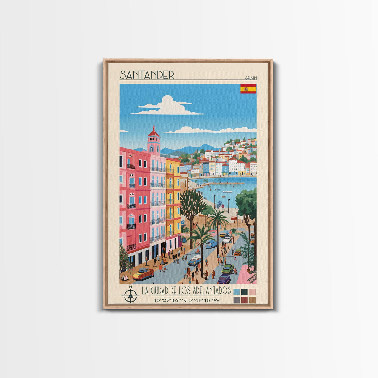 Santander Spain Travel Poster Framed Canvas Print, Midcentury Modern Art, Pop Art Wall Decor, Scenic Wall Art, Vacation Gift