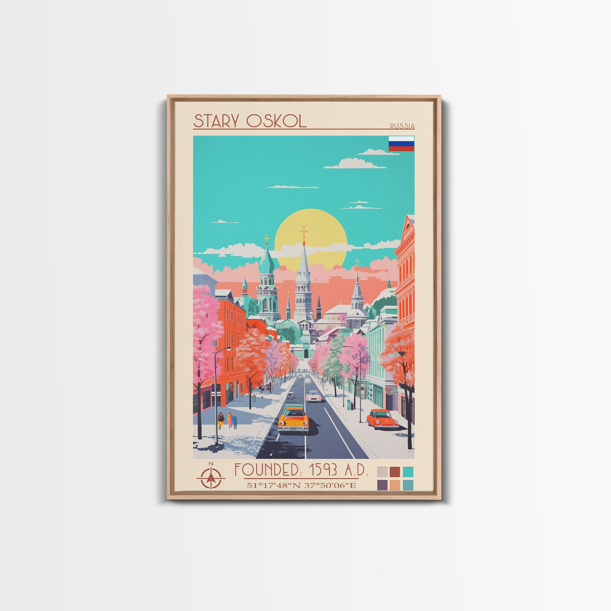 Stary Oskol Russia Travel Poster Framed Canvas Print, Midcentury Modern Art, Pop Art Wall Decor, Living Room Art, Scenic Wall Art