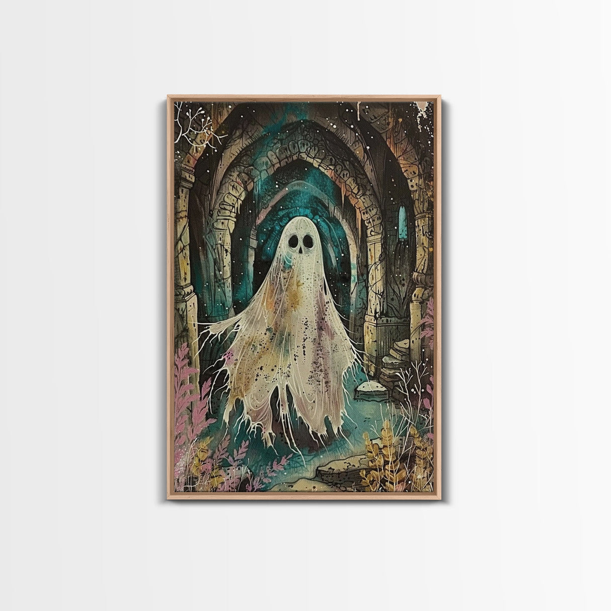 Ghostly Figure in Ancient Ruins Framed Canvas Print, Haunted Ruins Decor, Halloween Ghost Art, Eerie Ghostly Wall Art, Spooky Ghost Print