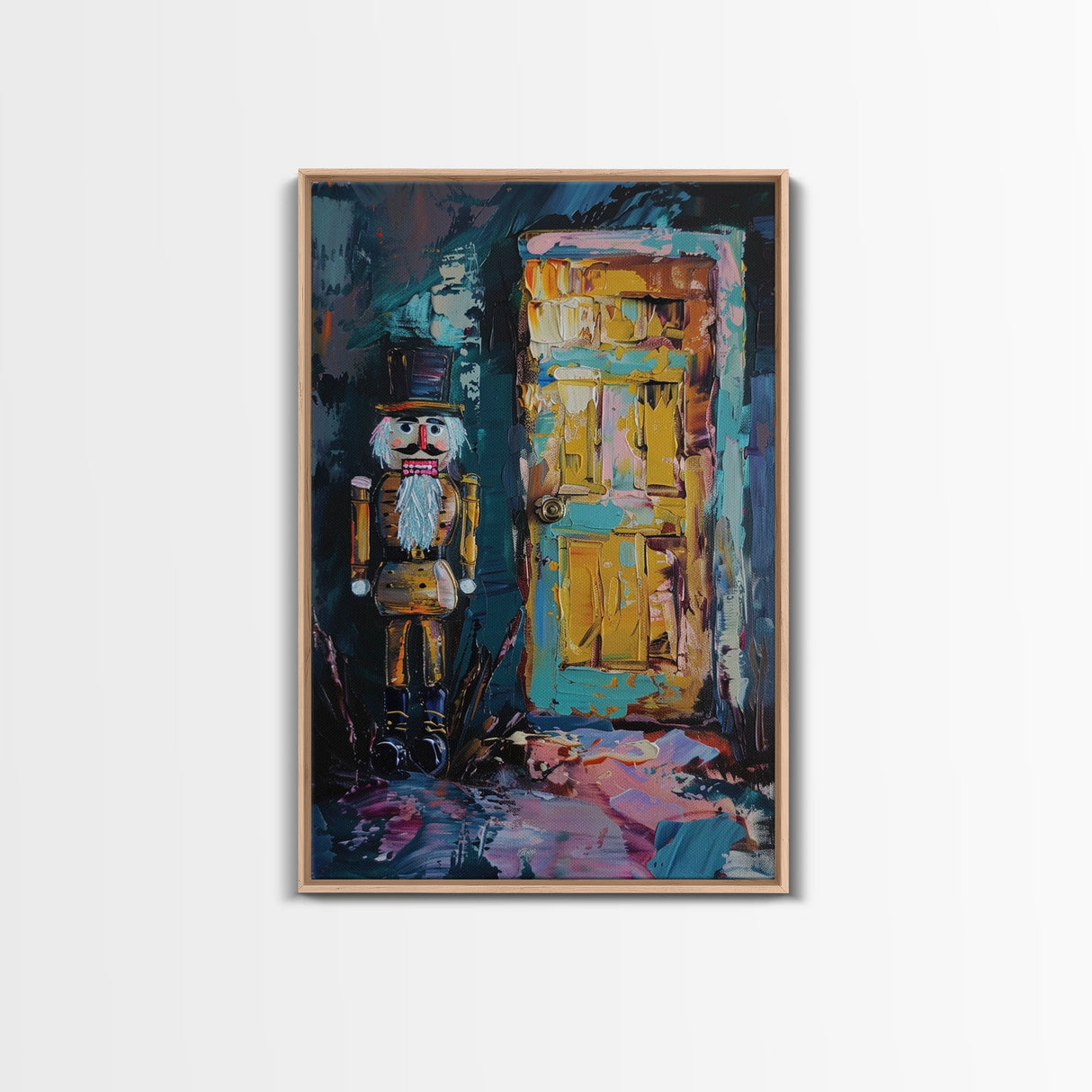 Nutcracker at Spooky Door Framed Canvas Print, Haunted Nutcracker Decor, Halloween Toy Art, Eerie Door Wall Art, Creepy Nutcracker Print