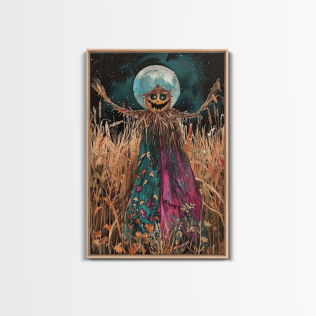 Spooky Scarecrow in Field Framed Canvas Print, Haunted Field Decor, Halloween Scarecrow Art, Eerie Harvest Wall Art, Creepy Scarecrow Print