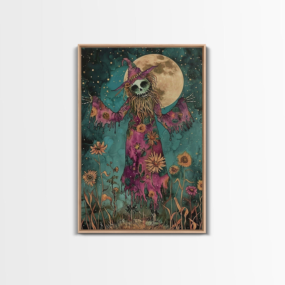 Halloween Creepy Scarecrow with Glowing Pumpkin Head Framed Canvas Print Haunted Harvest Wall Art Home Decor, Decor, Gift Idea, Spooky Vibes