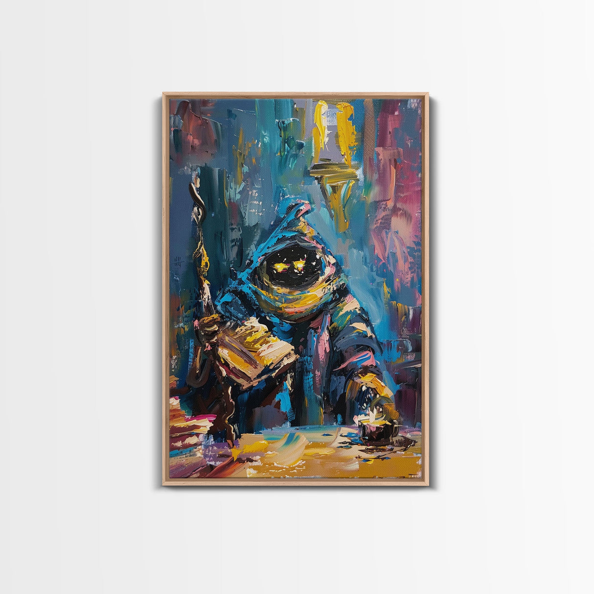 Halloween Creepy Wizard Reading Spells Framed Canvas Print, Spooky Wall Art, Home Decor, Occult Decor, Gift Idea, Dark Magic