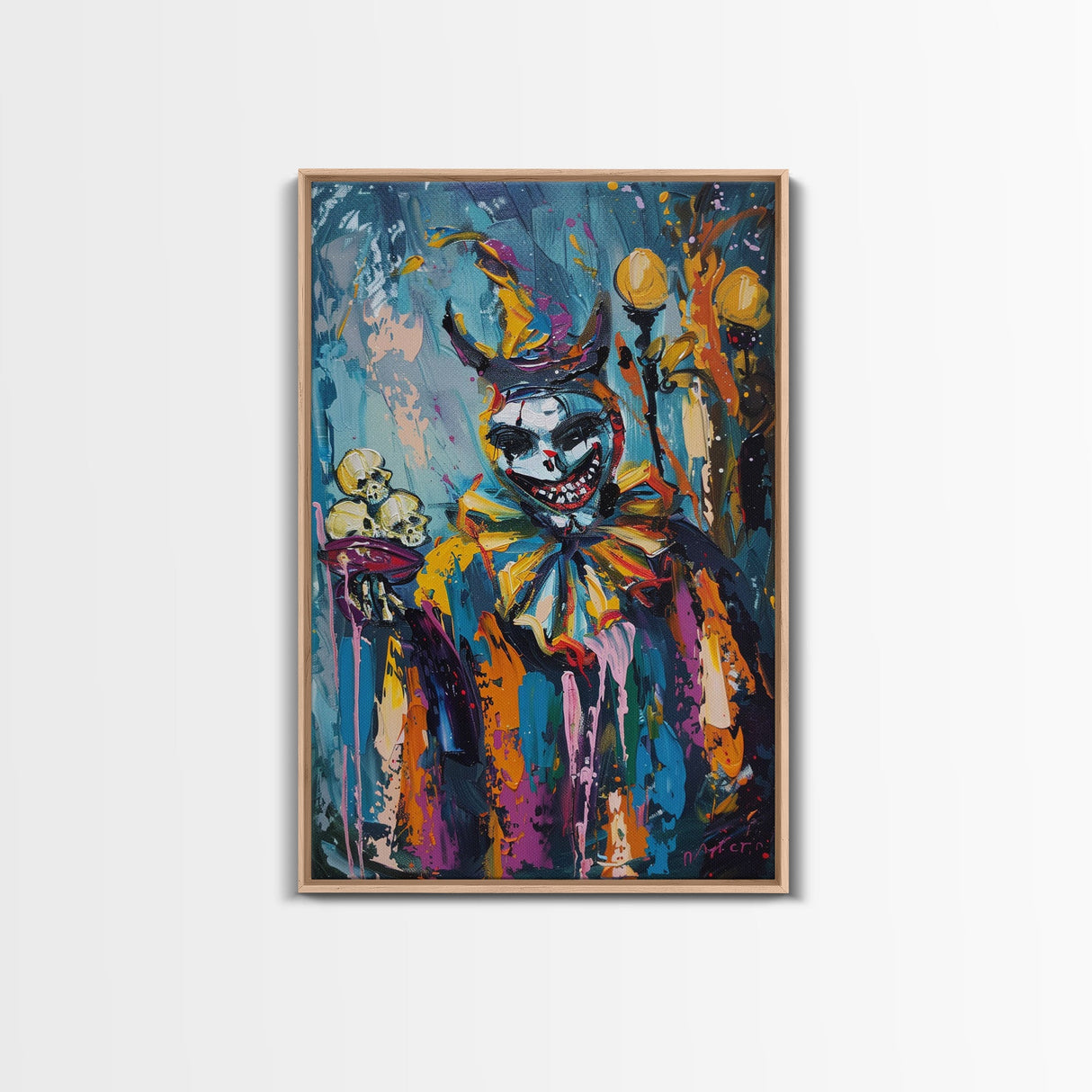Halloween Grinning Clown with Skulls Framed Canvas Print, Scary Wall Art, Home Decor, Haunted Decor, Gift Idea, Creepy Circus