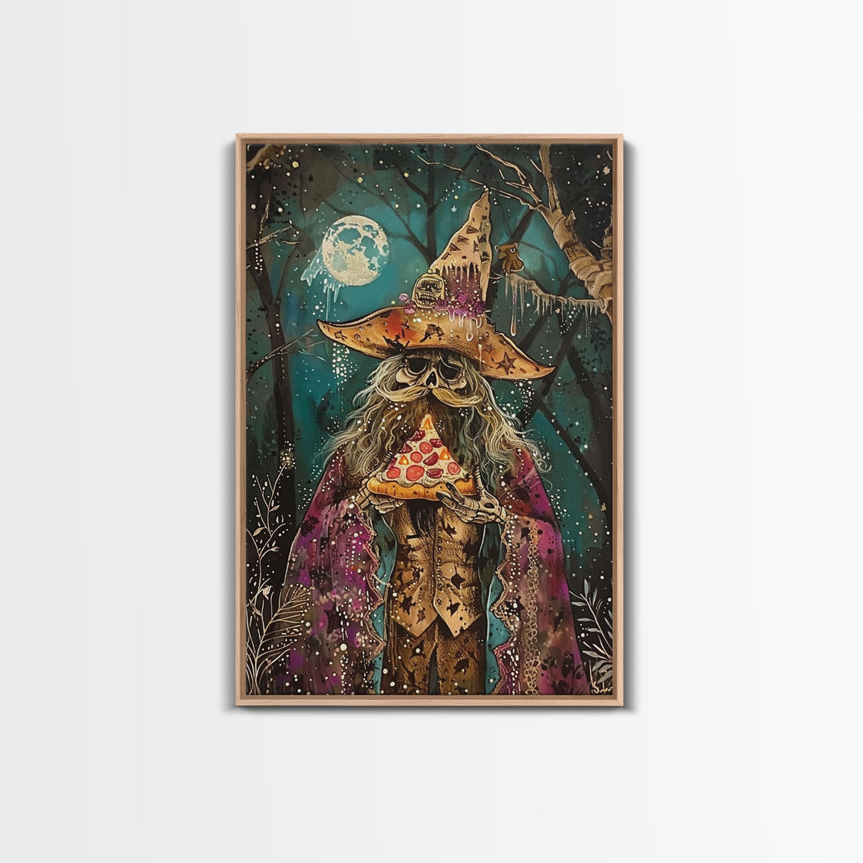 Ghostly Wizard Having A Slice of Pizza, Funny Halloween Decor, Framed Canvas Print