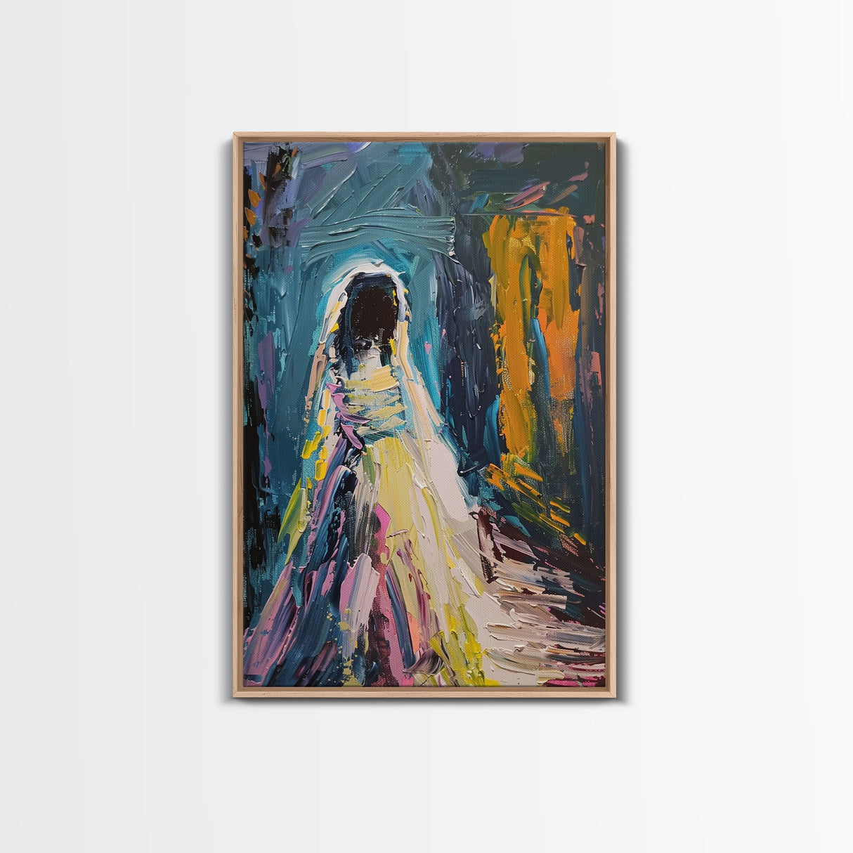 Halloween Haunted Veiled Ghost, Framed Canvas Print, Wall Art, Living Room Decor, Spooky, Ghost Art, Original Painting, Home Decor