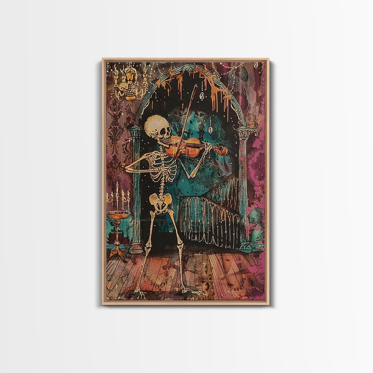 Halloween Skeleton Playing Violin, Framed Canvas Print, Wall Art, Living Room Decor, Spooky, Skeleton Art, Original Painting