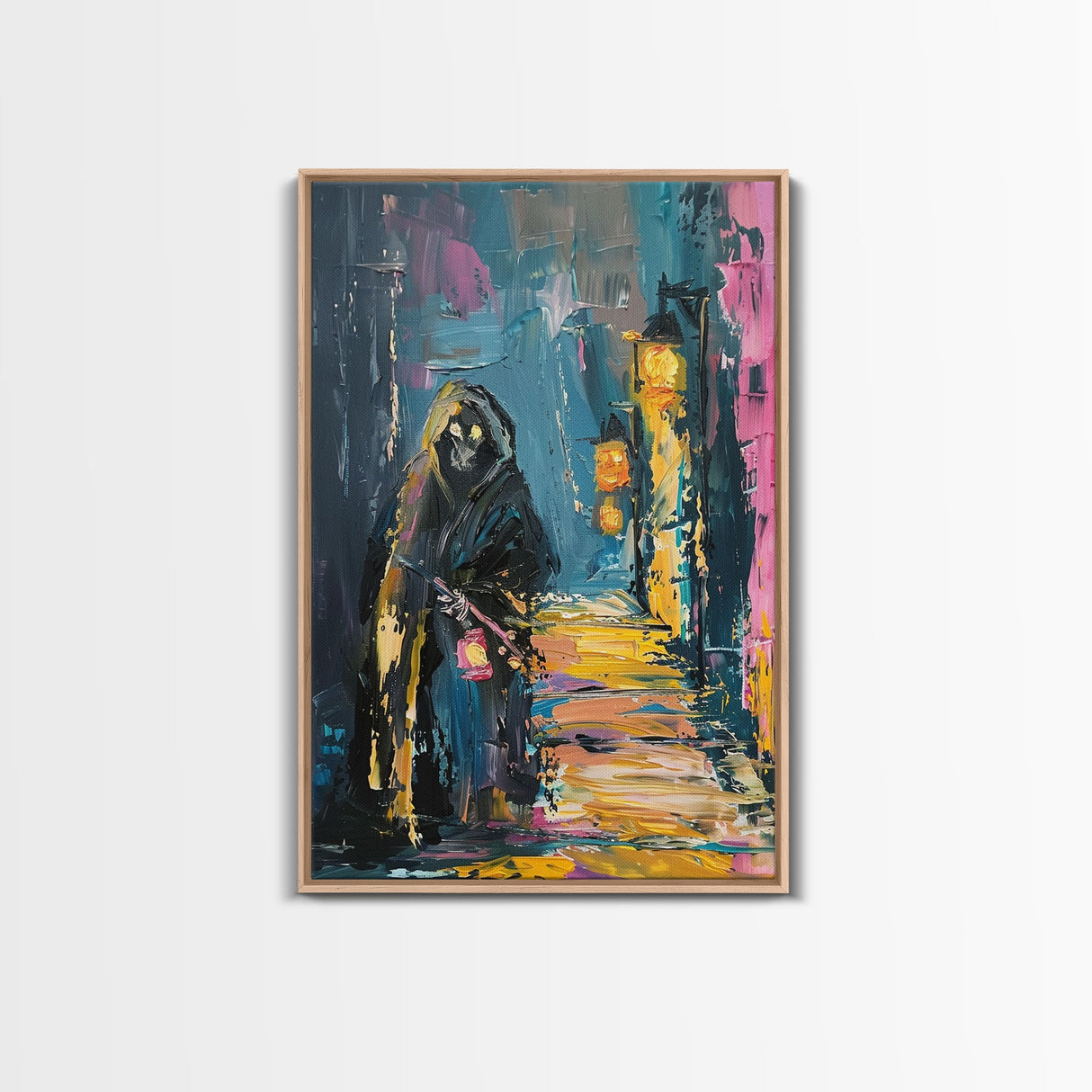 Halloween Grim Reaper with Lantern, Framed Canvas Print, Wall Art, Living Room Decor, Spooky, Grim Reaper Art, Original Painting