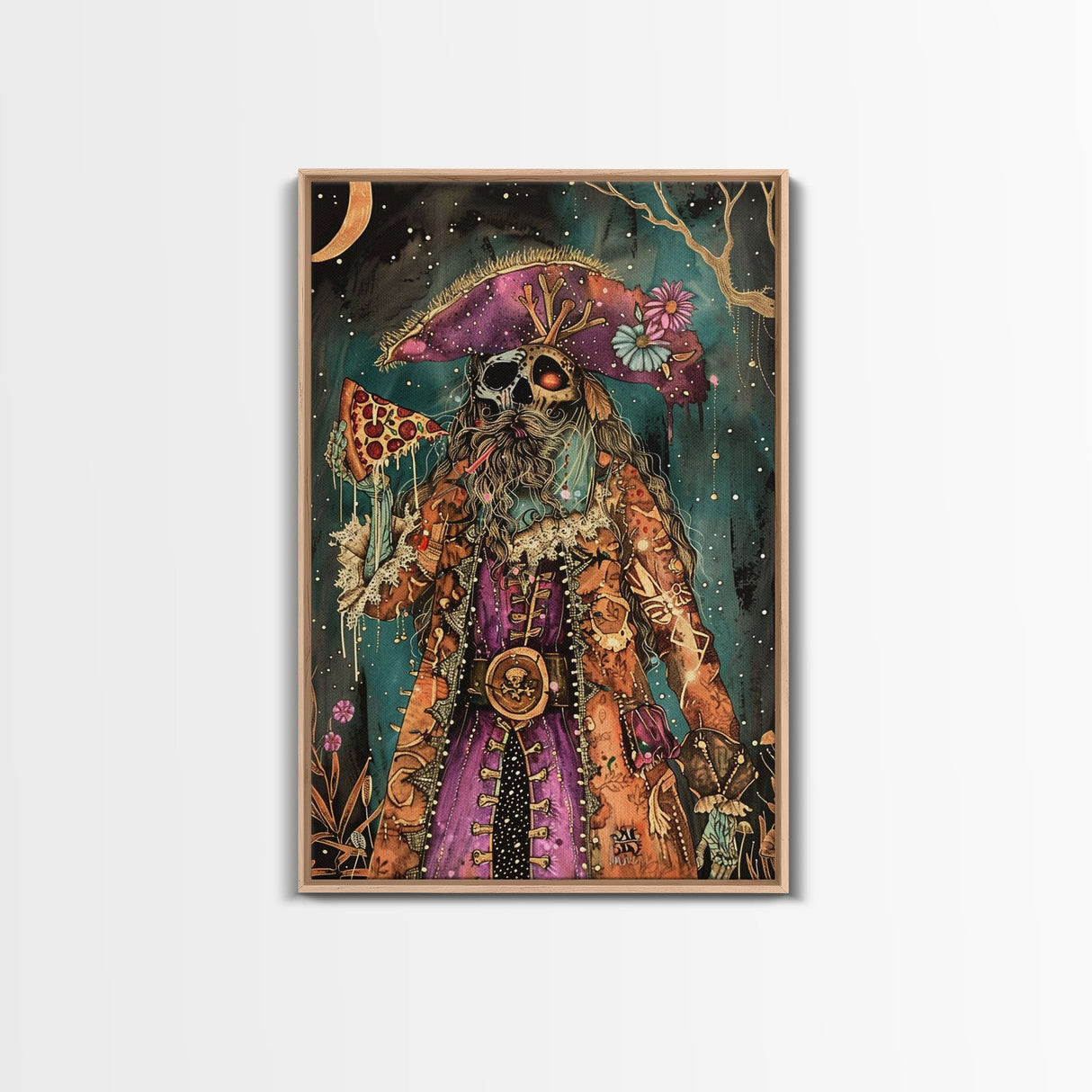 Halloween Pirate Skeleton with Pizza Framed Canvas Print, Spooky Decor, Living Room Art, Fun Halloween Wall Art Home Decor Vintage Style Art