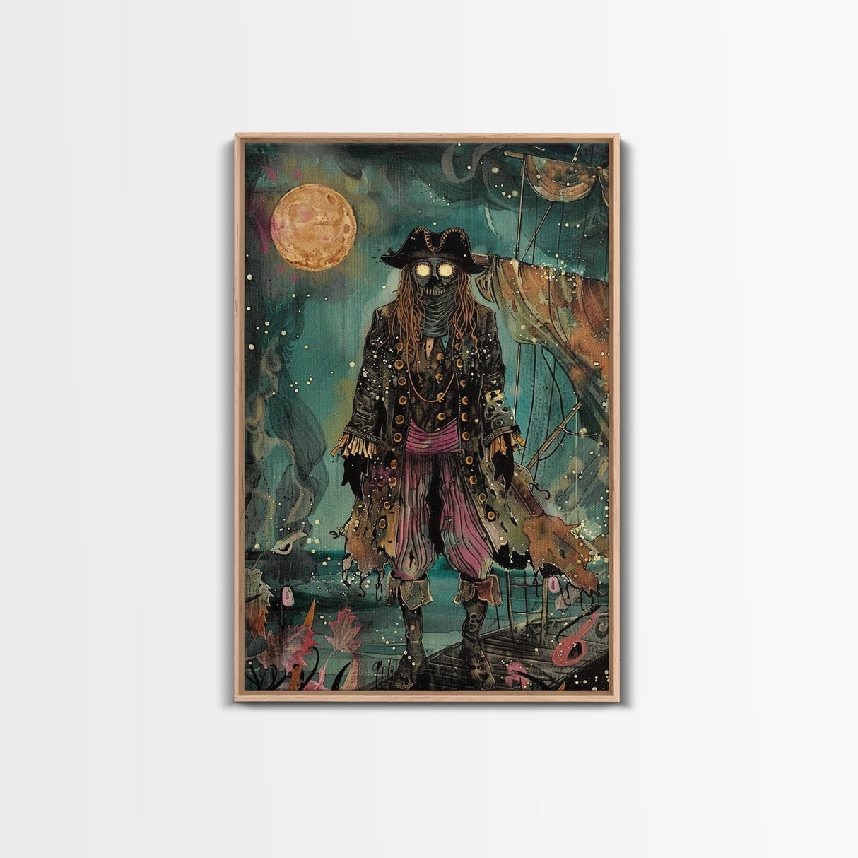 Halloween Ghost Pirate Under Full Moon Framed Canvas Print, Spooky Decor, Living Room Art, Nautical Halloween Wall Art, Home Decoration