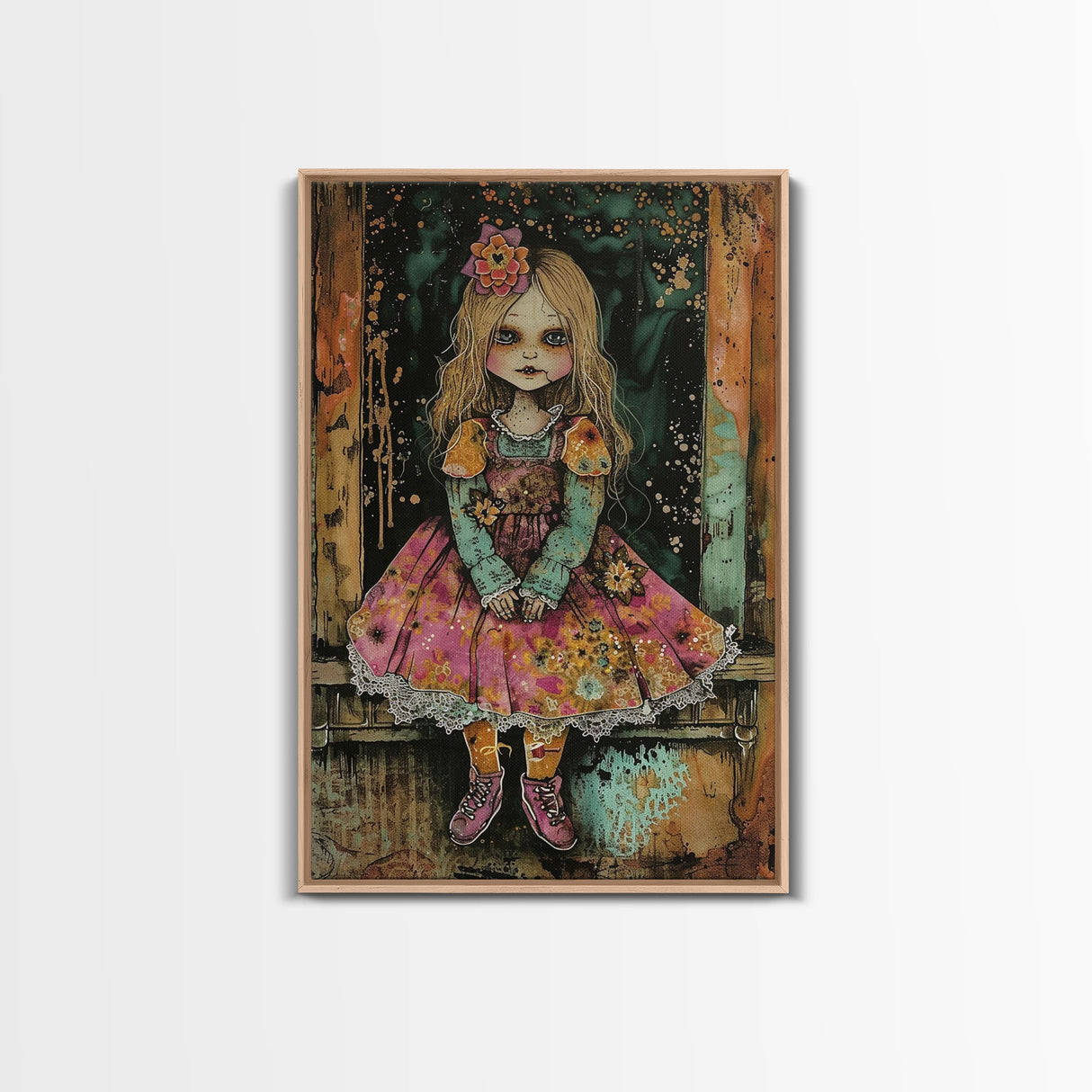 Halloween Witch in Forest Framed Canvas Print, Spooky Decor, Living Room Art, Whimsical Halloween Wall Art, Home Decoration, Retro Style Art