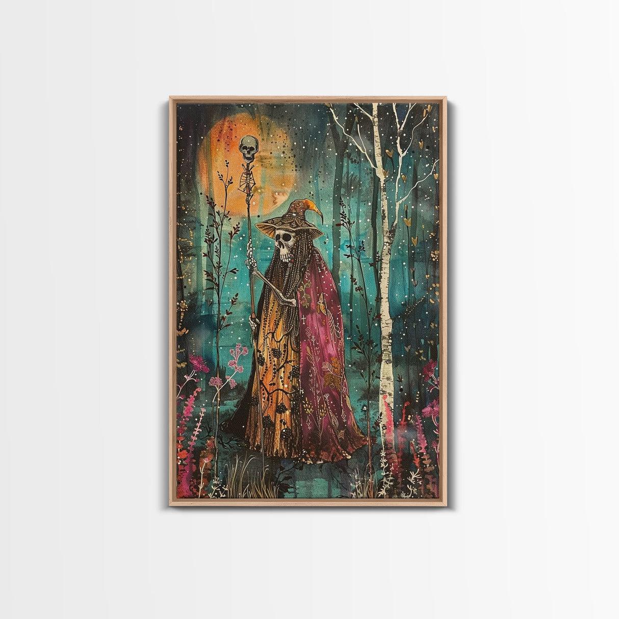 Halloween Skeleton with Spider Webs, Framed Canvas Print, Wall Art, Spooky Decor, Halloween Decoration, Living Room Art, Unique Gift