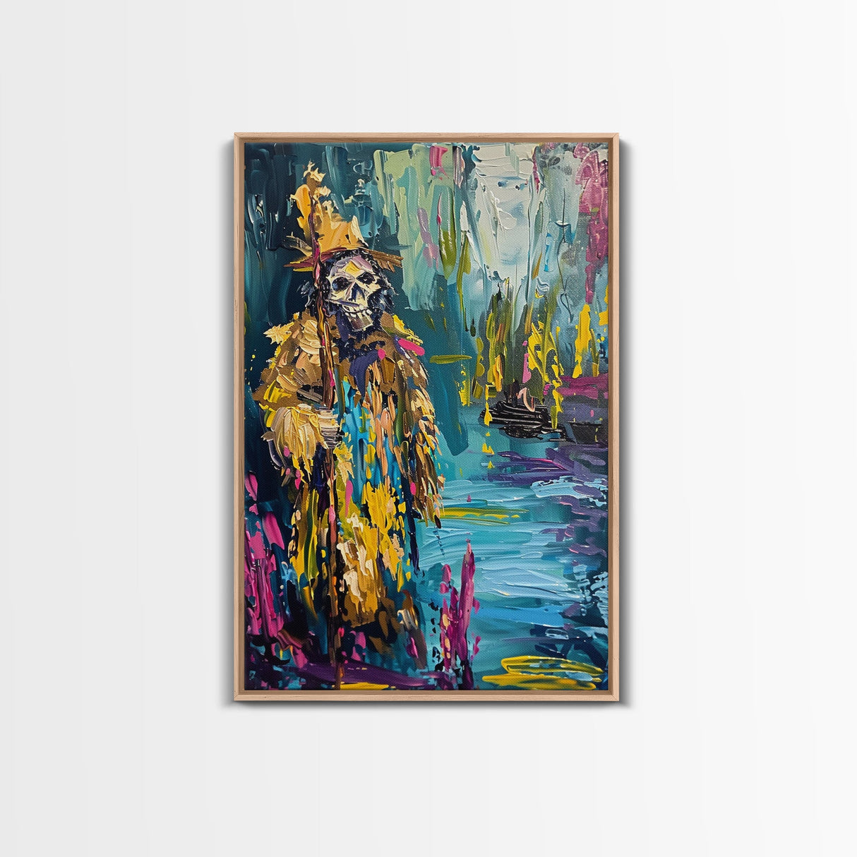 Halloween Skeleton Wizard, Framed Canvas Print, Wall Art, Home Decor, Spooky Artwork, Witchcraft Decor, Fantasy Art, Holiday Decor