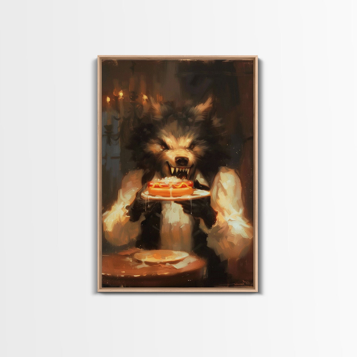 Halloween Werewolf Eating Hotdog, Framed Canvas Print, Wall Art, Spooky Artwork, Fantasy Decor, Halloween Decor, Whimsical Funny Halloween