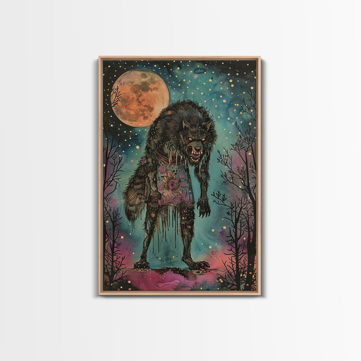 Halloween Spooky Full Moon Werewolf Framed Canvas Print, Wall Art, Living Room Decor, Halloween Decoration, Scary Wall Hanging, Haunted Art