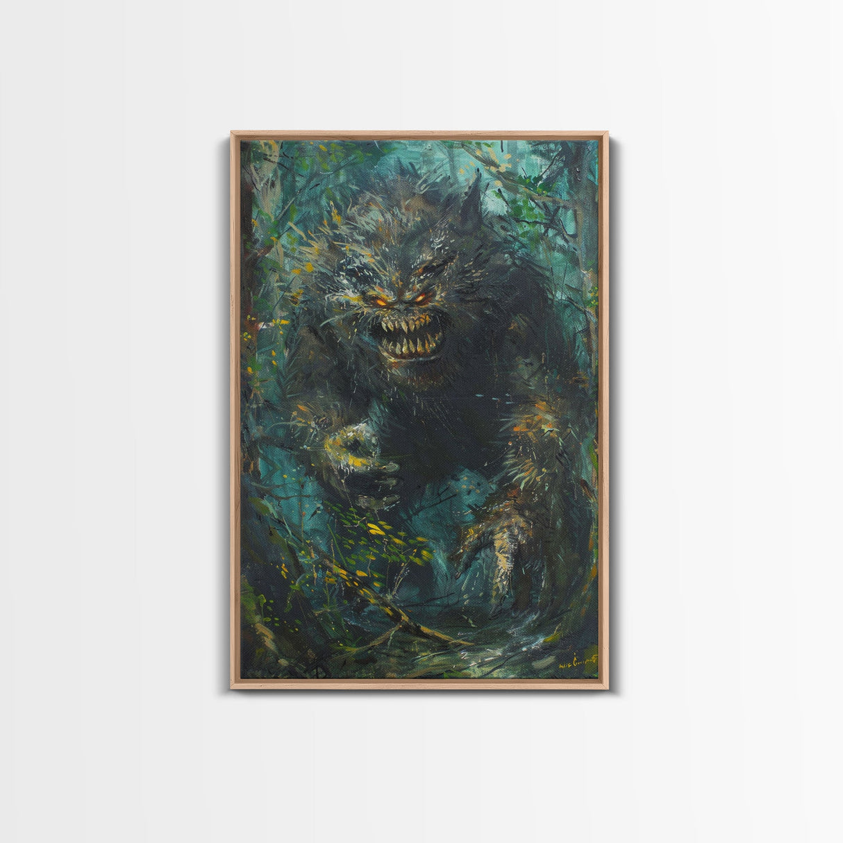 Halloween Frightening Forest Beast Framed Canvas Print, Wall Art, Home Decor, Living Room Decoration, Scary Creature Art, Haunted Decor