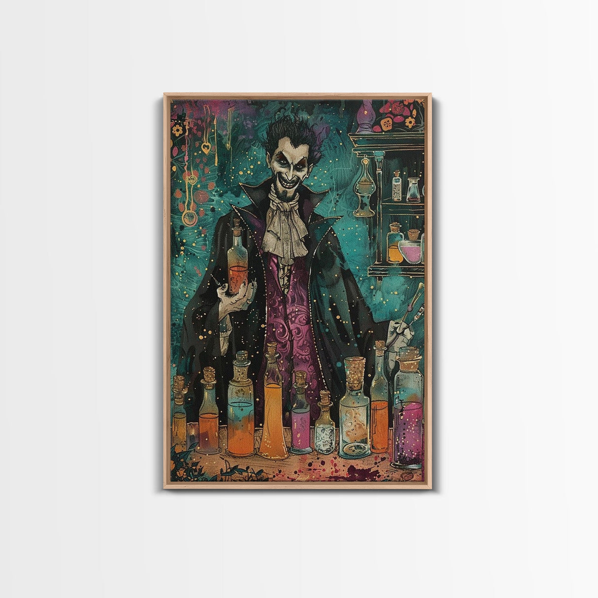 Halloween Frightening Werewolf with Burger Framed Canvas Print, Wall Art, Living Room Decor, Kitchen Art, Unique Halloween Gift Spooky Decor