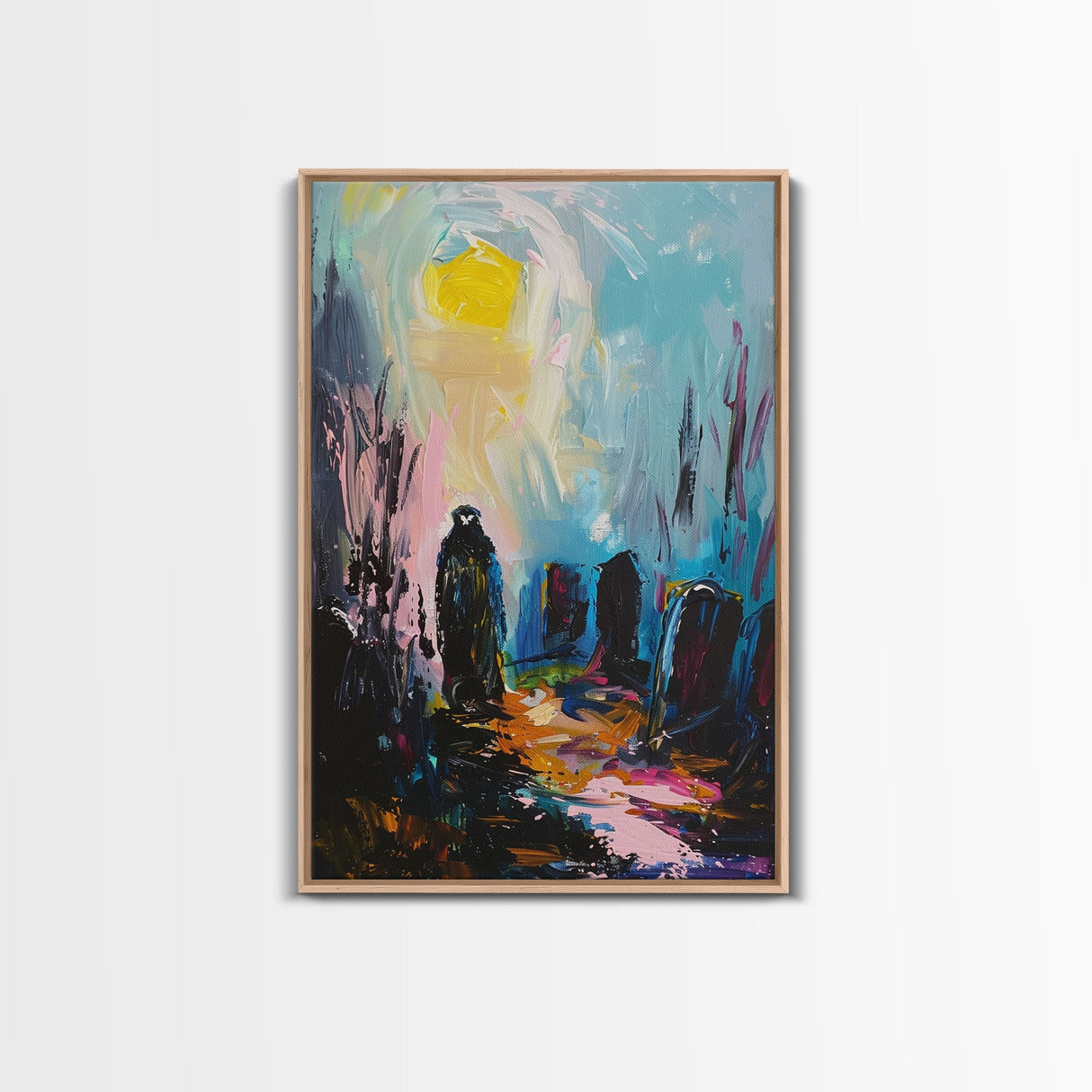 Creepy Haunted Cemetary Framed Canvas Print Halloween Art, Impasto Style Spooky Season Decor