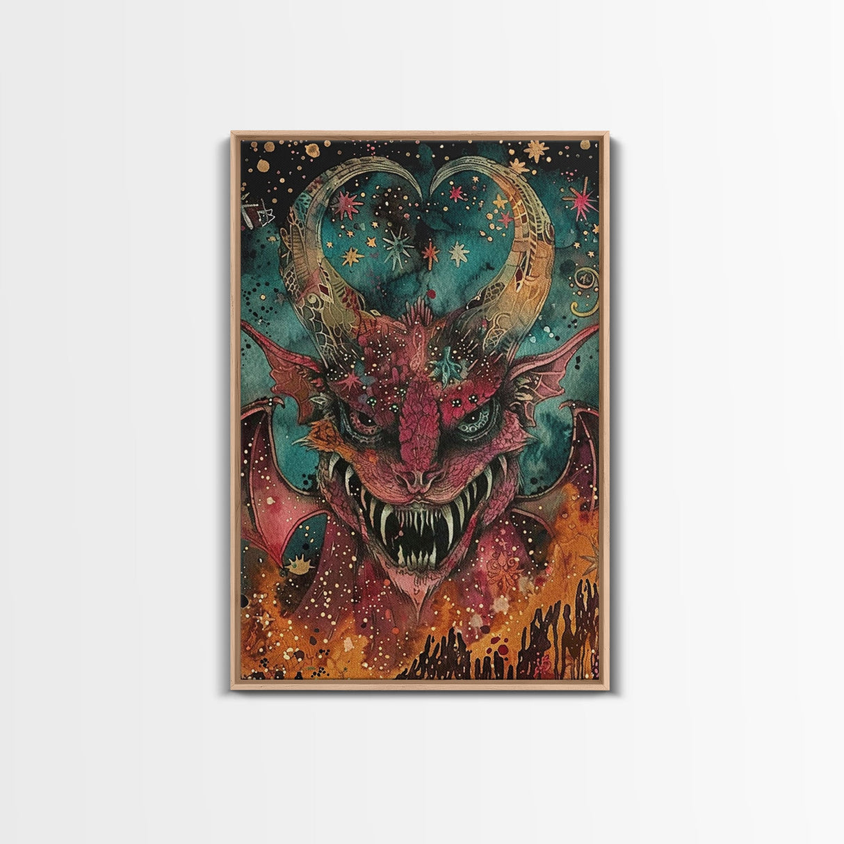 Fantastical Demon with Stars Framed Canvas Print | Halloween Monster Art | Spooky Starry Art | Scary Demon Art for Home Decoration