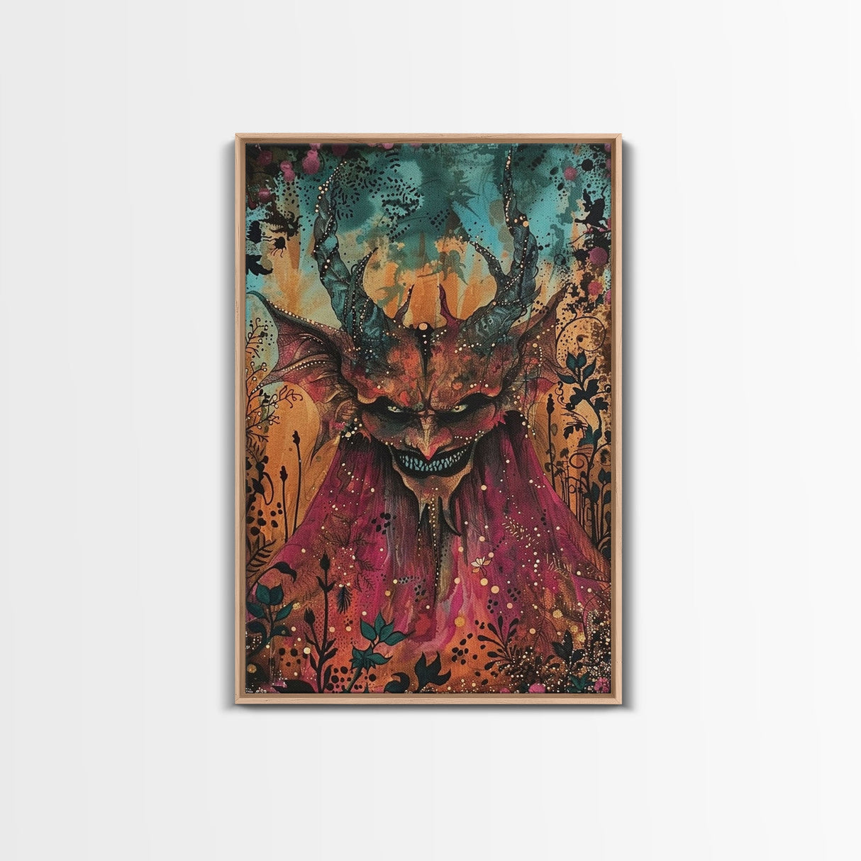 Dark Demon with Menacing Smile Framed Canvas Print, Halloween Art, Creepy Wall Art, Spooky Home Decor, Scary Art, Creepy Living Room Decor