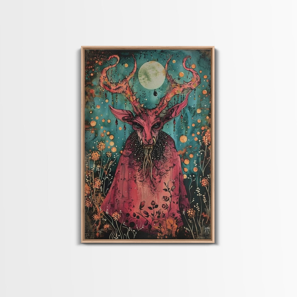 Enchanted Demon Under Full Moon Framed Canvas Print, Halloween Art, Creepy Wall Art, Spooky Home Decor, Art, Haunting Living Room Decor