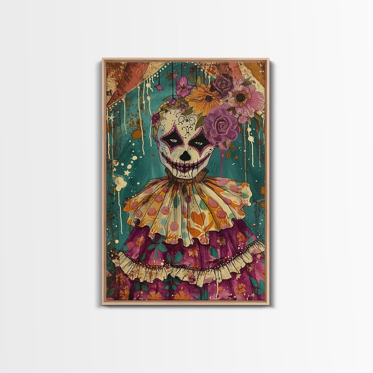 Day of the Dead Doll with Floral Crown Framed Canvas Print, Halloween Art, Creepy Wall Art, Spooky Home Decor, Scary Art, Unique Wall Decor