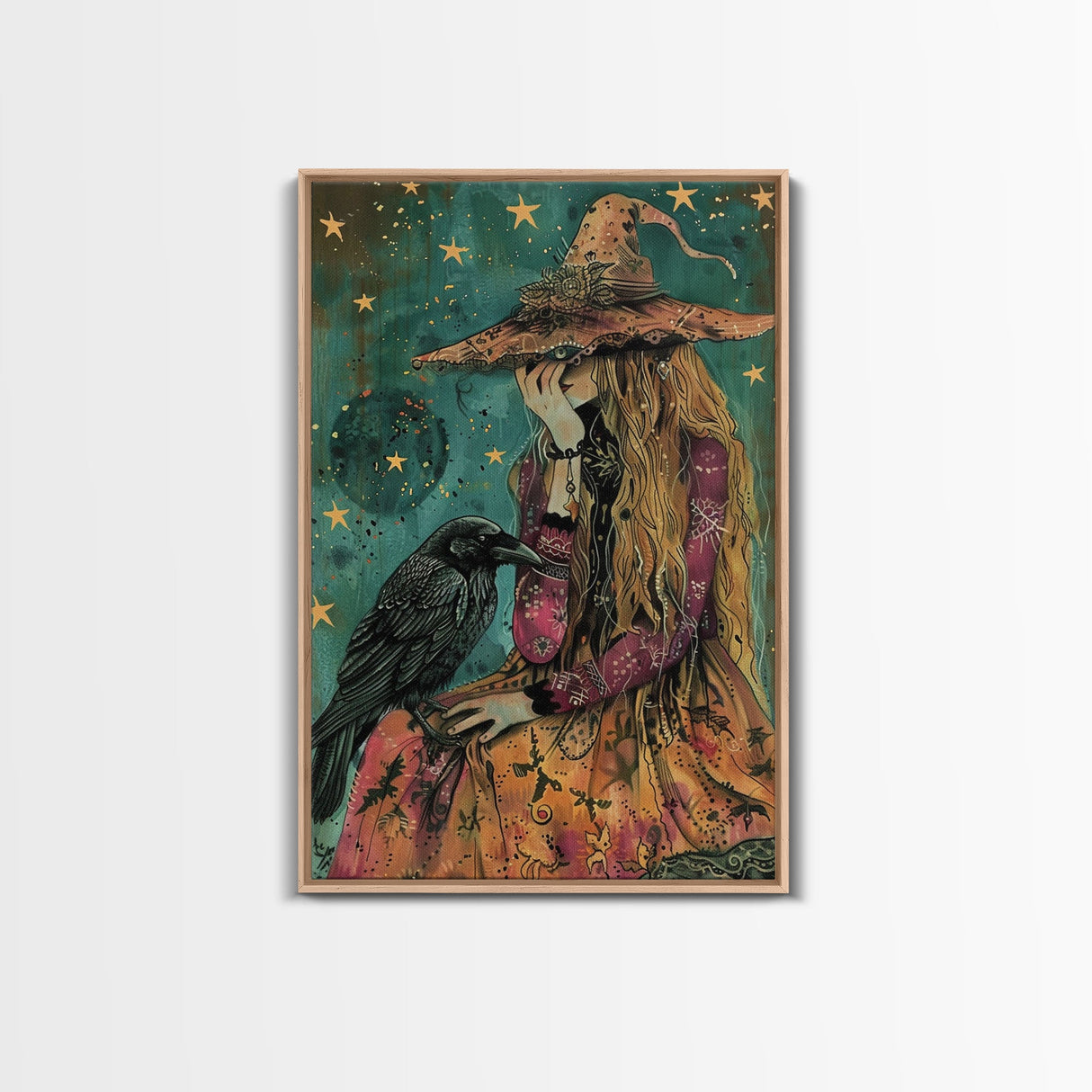 The Witch and her Sassy Raven Framed Canvas Print, Spooky Decor, Halloween Art, Halloween Props / Gift Idea, Spooky Decor, Home Decor