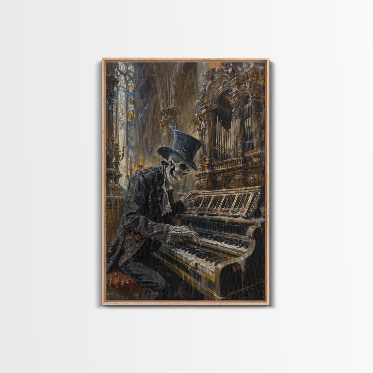 Halloween Skeleton Playing the Organ in Gothic Church - Creepy Skeleton Musician in Haunted Cathedral - Halloween Art Print - Gothic Decor