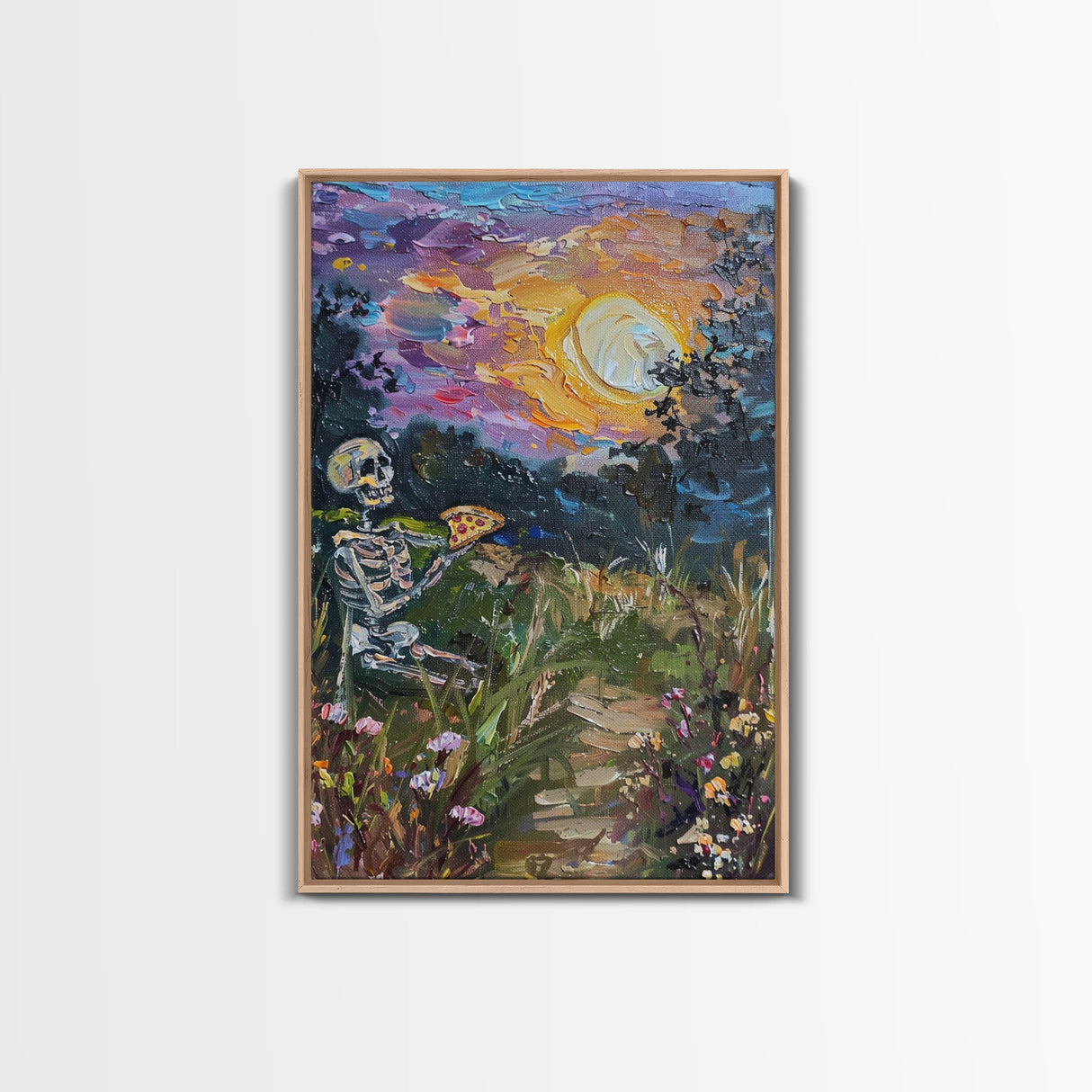 Graveyard Pizza Party Framed Canvas print, Skeleton Eating Pizza In a Cemetary Halloween Decor