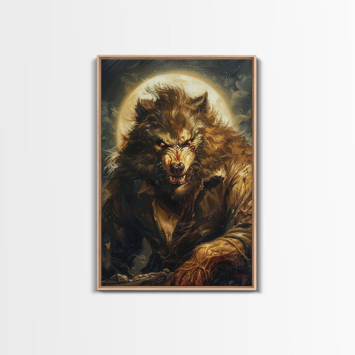 Ferocious Werewolf Under Full Moon Framed Canvas Print | Halloween Monster Art | Spooky Werewolf Decor for Home | Intense Werewolf Artwork