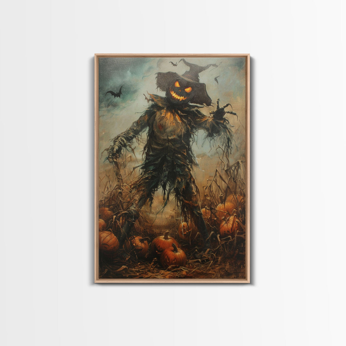 Sinister Scarecrow in Pumpkin Patch | Halloween Wall Art | Spooky Home Decor | Creepy Pumpkin Scarecrow Painting | Framed Canvas Print