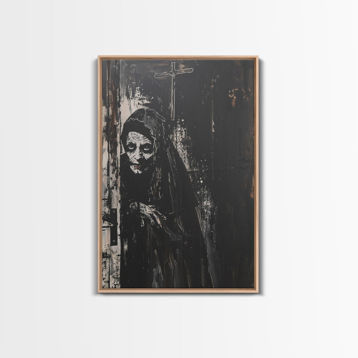 Haunted Nun with Eerie Expression, Framed Canvas Print, Gothic Halloween Art, Spooky Religious Decor, Scary Nun Painting, Gothic Home Art