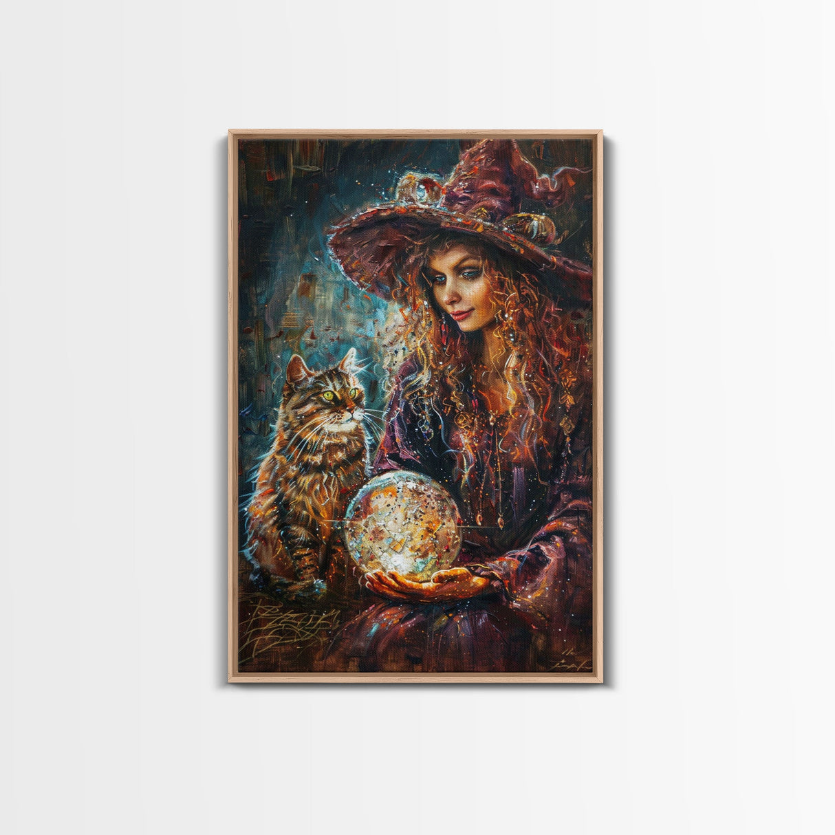 Enchanting Witch with Crystal Ball, Framed Canvas Print, Mystical Halloween Art, Spooky Witch Decor, Witchcraft Illustration, Magical Decor