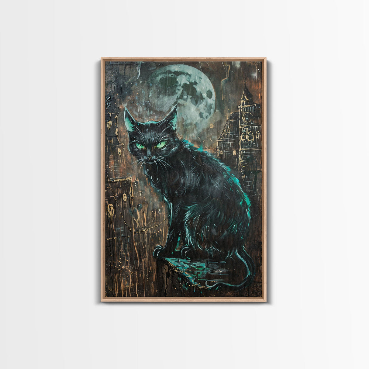 Black Cat with Piercing Green Eyes, Framed Canvas Print, Spooky Cat Art, Witchy Feline Decor, Halloween Wall Art, Gothic Cat Decor