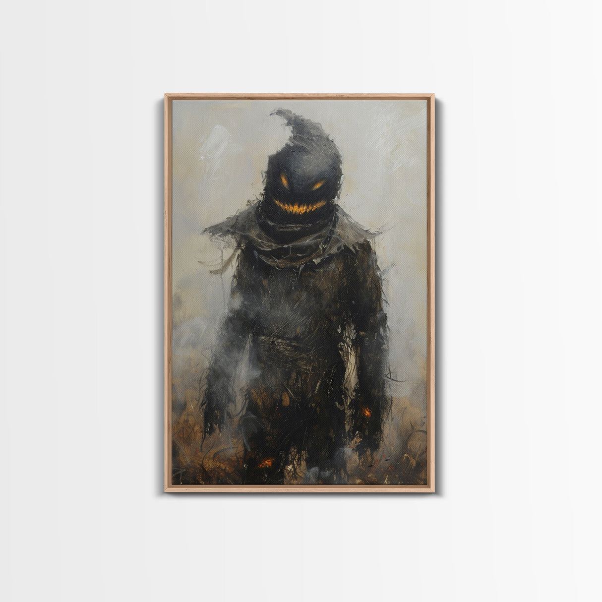 Scarecrow with Glowing Eyes in Dark Field, Framed Canvas Print, Halloween Scarecrow Art, Spooky Farm Decor, Creepy Harvest Illustration