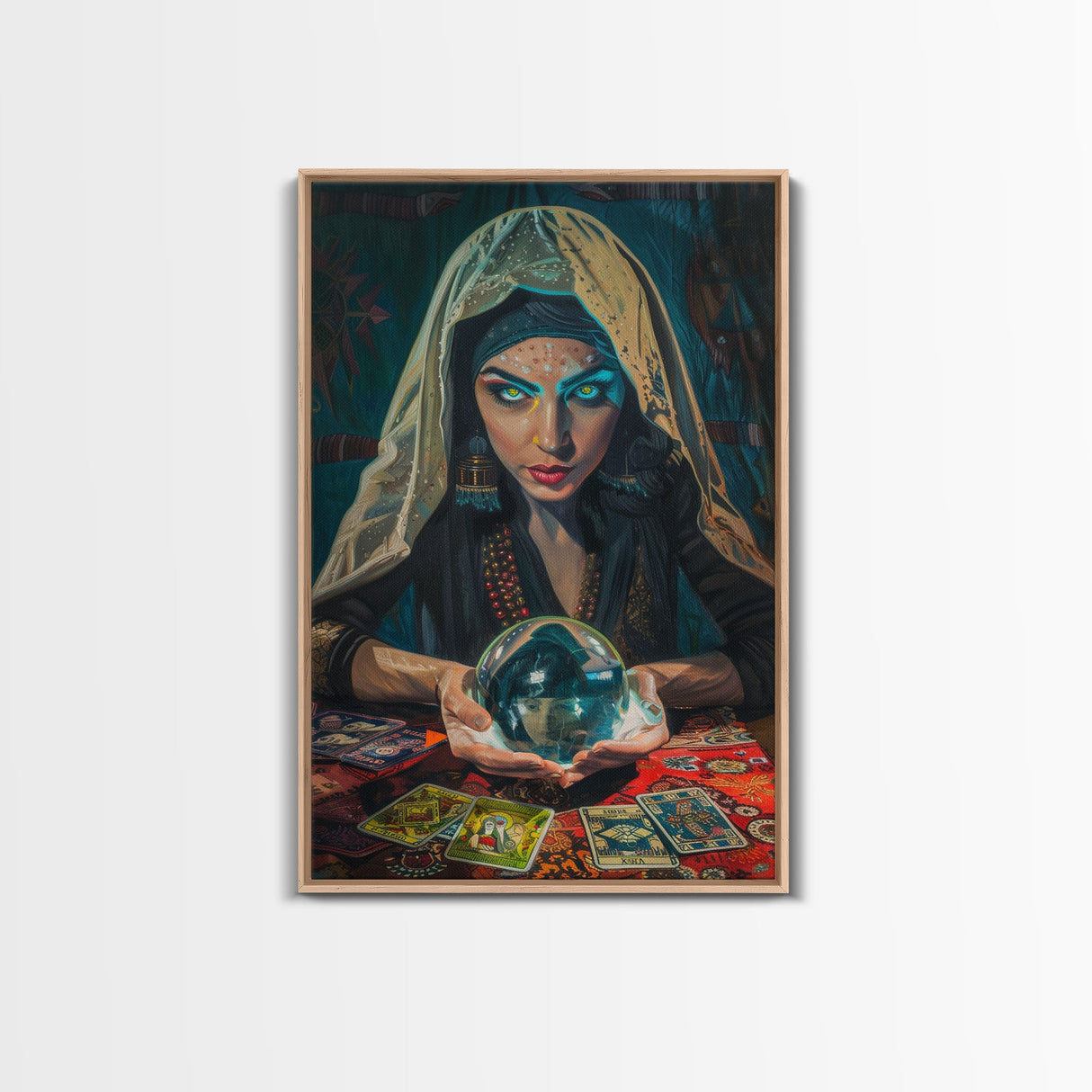 Enchanting Fortune Teller with Crystal Ball Under Moonlight - Mystical Witchcraft Framed Canvas Print, Halloween Gothic Home Decor