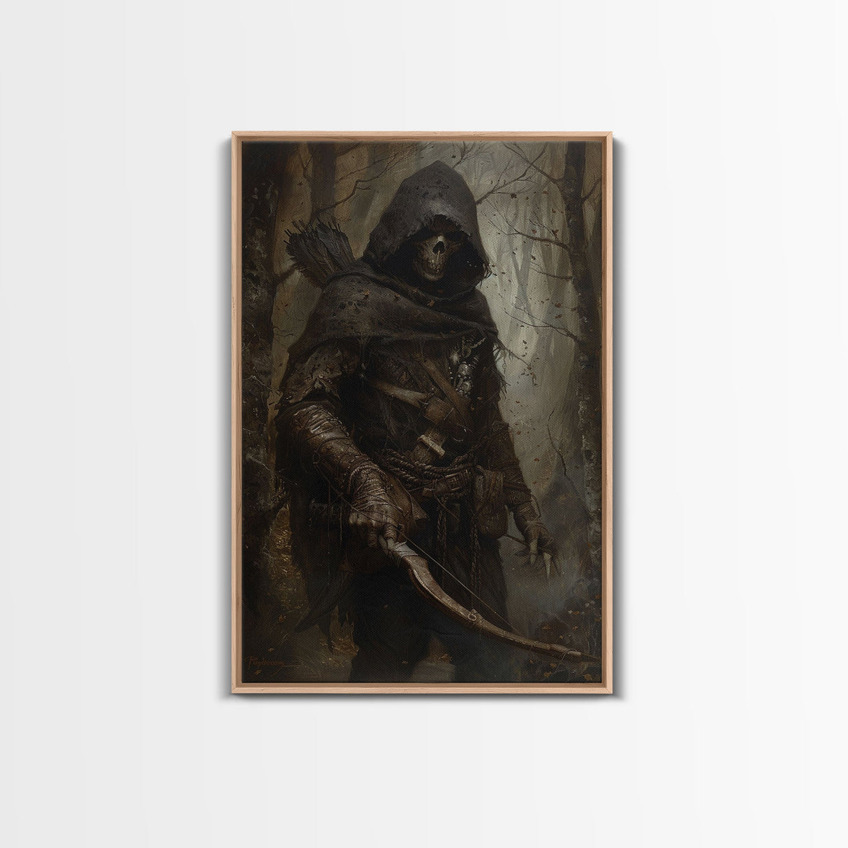 Grim Reaper Archer in Dark Enchanted Forest - Eerie Gothic Wall Art Framed Canvas Print, Unique Spooky Halloween Haunted Homes
