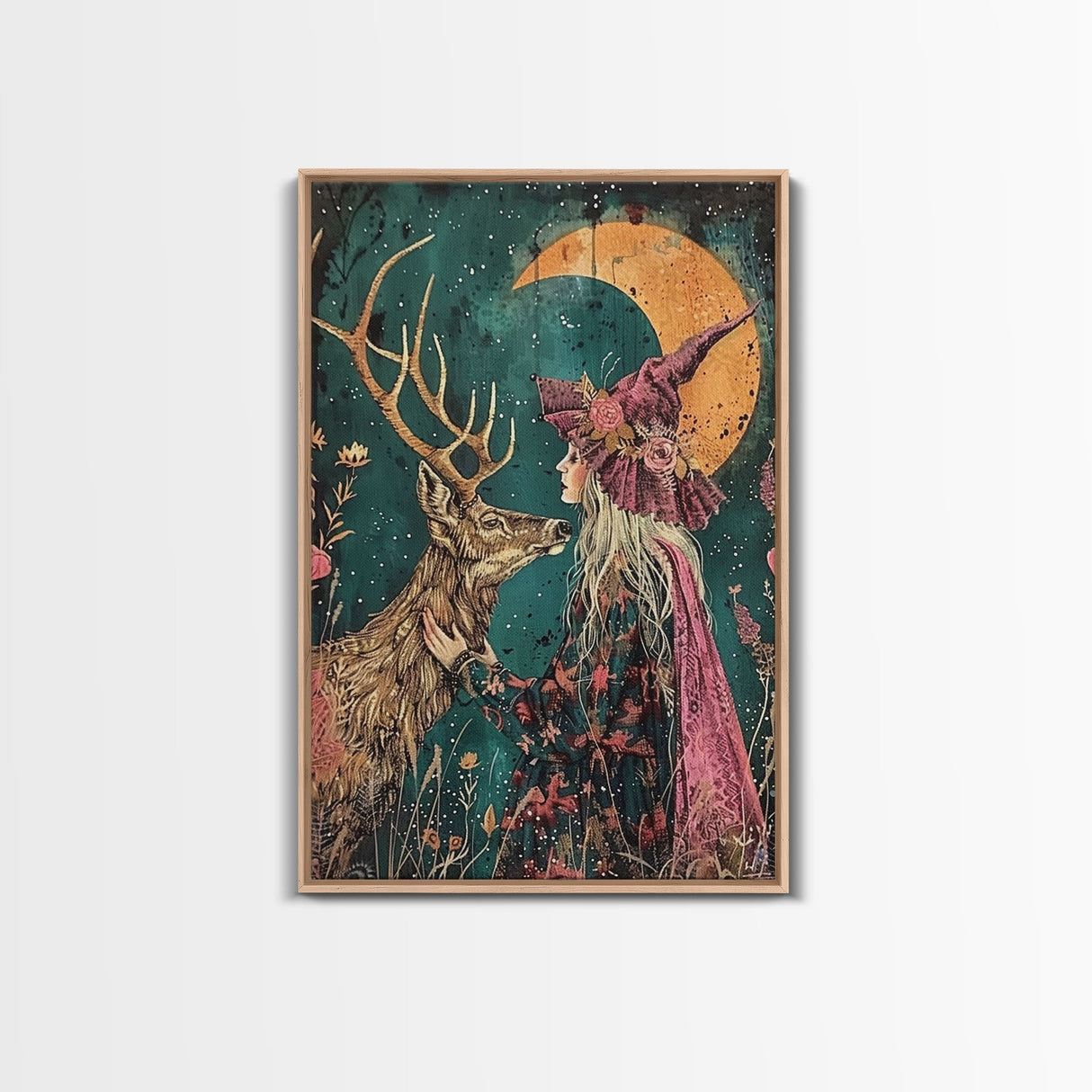 Gothic Witch with Turtle in Dark Forest - Enigmatic Halloween Artwork Framed Canvas Print, Spooky Home Wall Decor