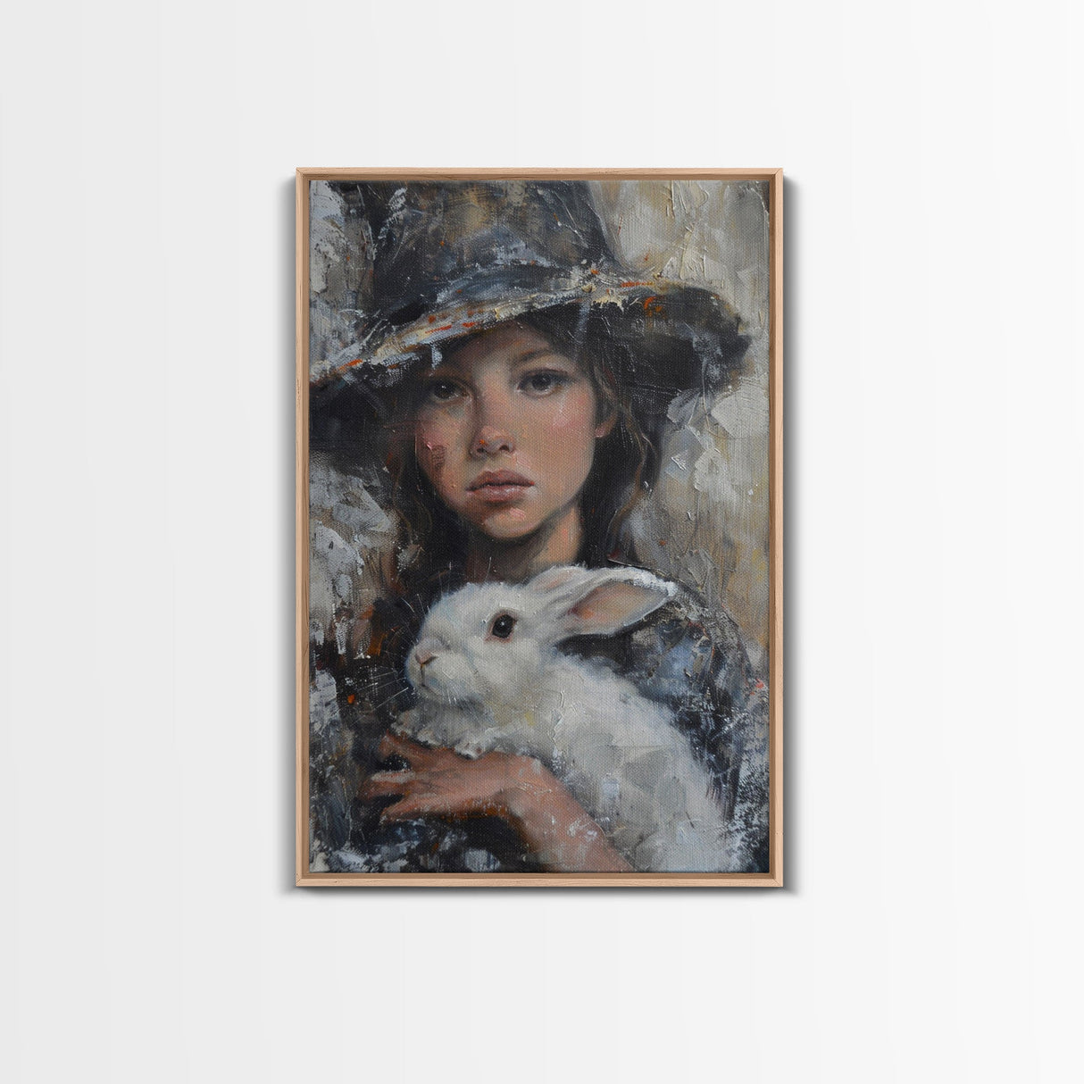 Enchanting Witch with White Rabbit in Serene Autumn Setting - Mystical Forest Art Framed Canvas Print, Halloween Home Decor