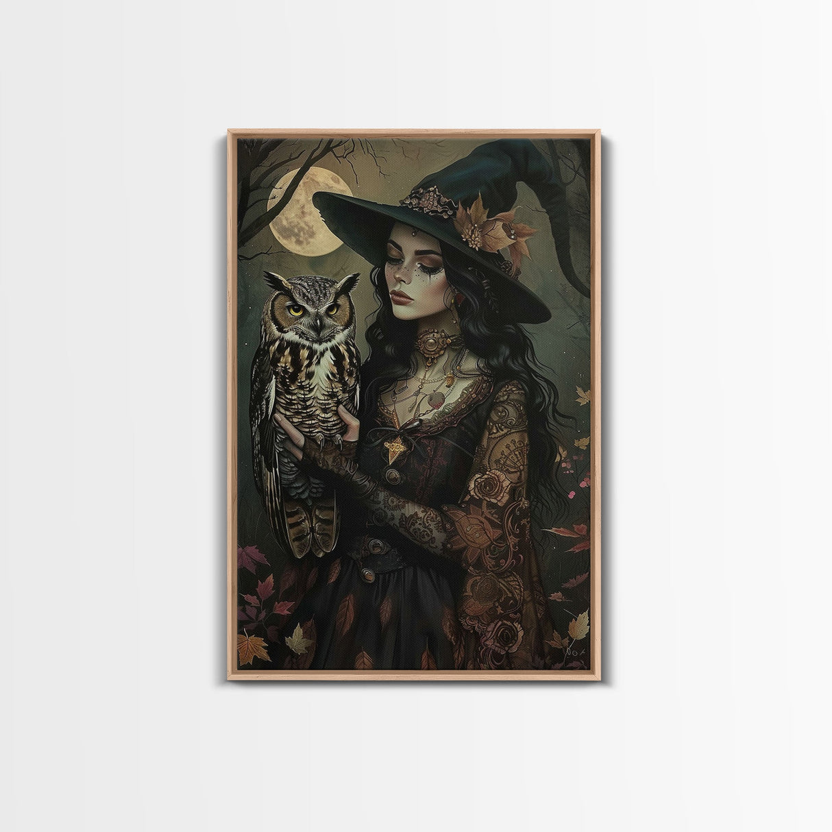 Mysterious Witch with Owl Companion - Moonlit Enchantment, Mystical Beauty Framed Canvas Print, Halloween Wall Art