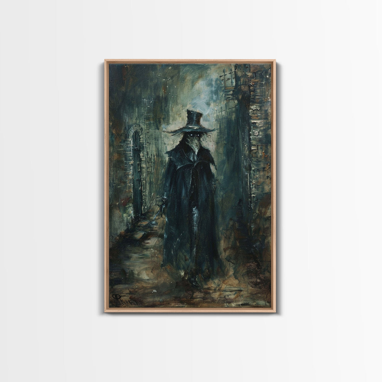 Ghostly Figure in Victorian Attire - Eerie Night Stalker Gothic Art Framed Canvas Print, Halloween Haunted House Decor