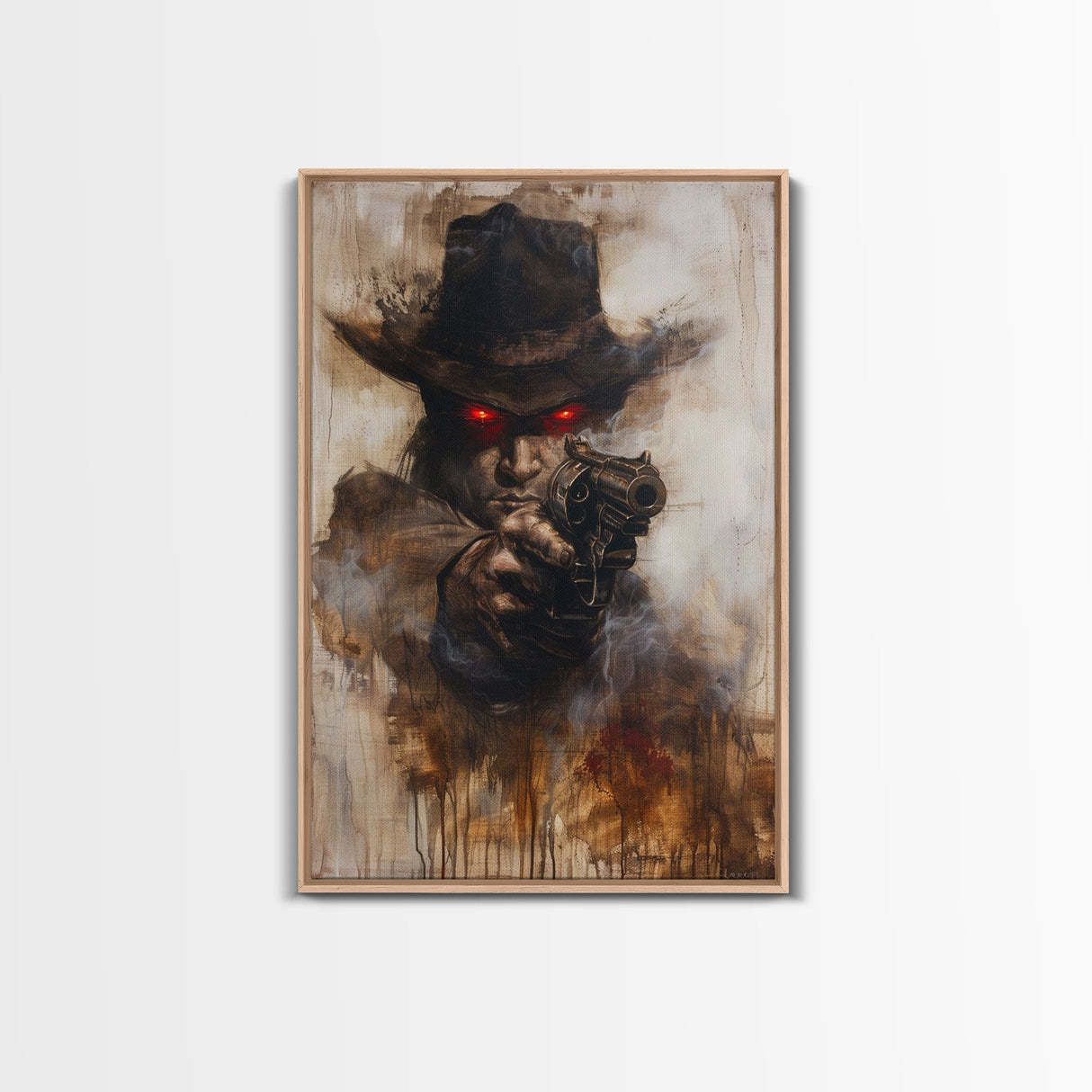 Haunting Cowboy with Red Eyes - Halloween Art, Gothic Art, Spooky Decor, Dark Wild West Art, Menacing Portrait, Framed Canvas Print