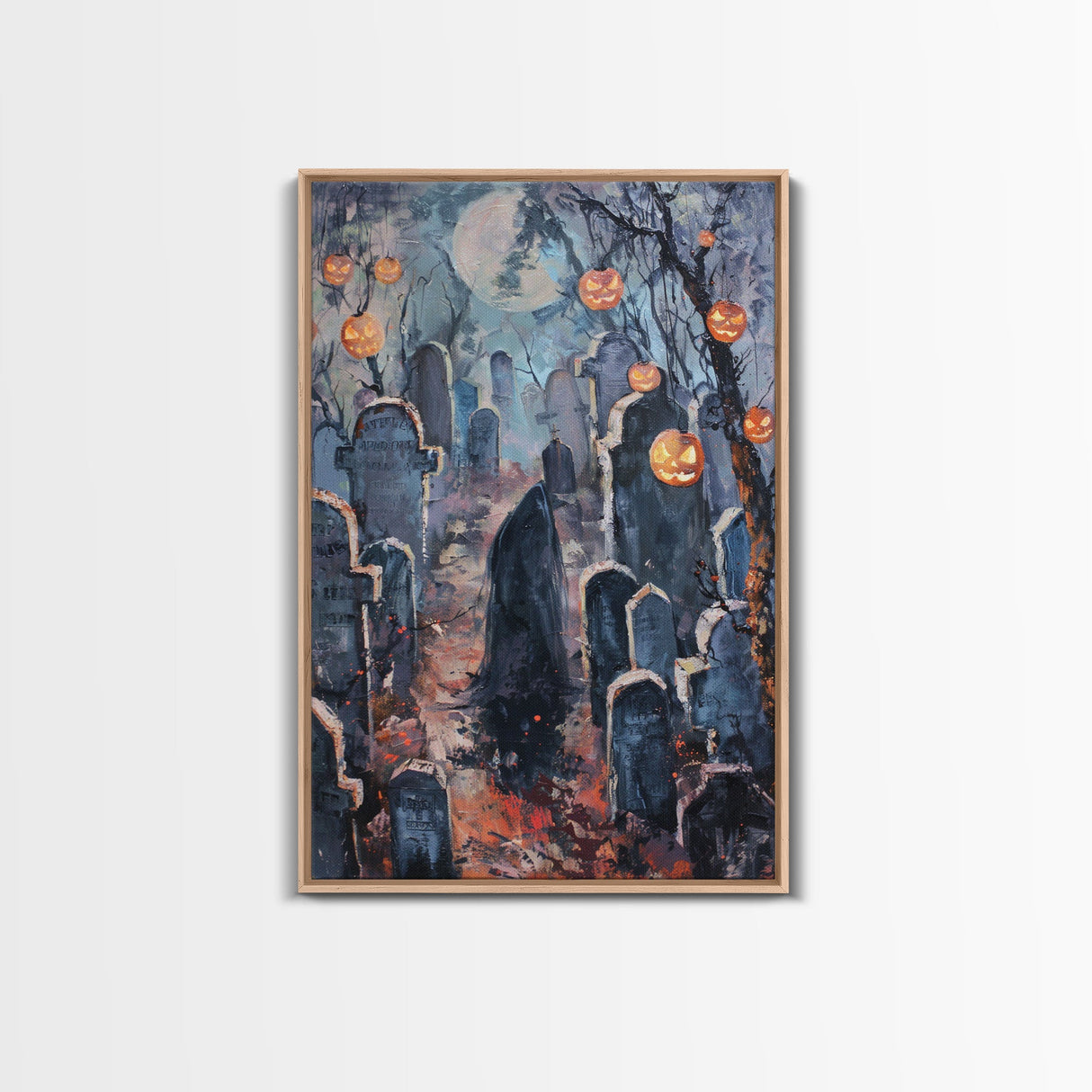 Jack-o'-Lantern Graveyard Canvas Print - Halloween Art, Spooky Home Decor, Cemtary Wall Art Pumpkin Art Halloween Decor, Framed Canvas Print