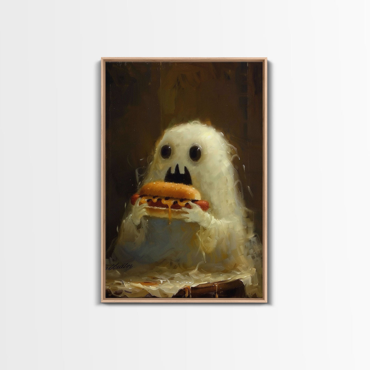 Cute Ghost Chompin on A Hot Dog, Ghostly Hot Dog Thief, Framed Canvas Print, Funny Halloween Spooky Season Art