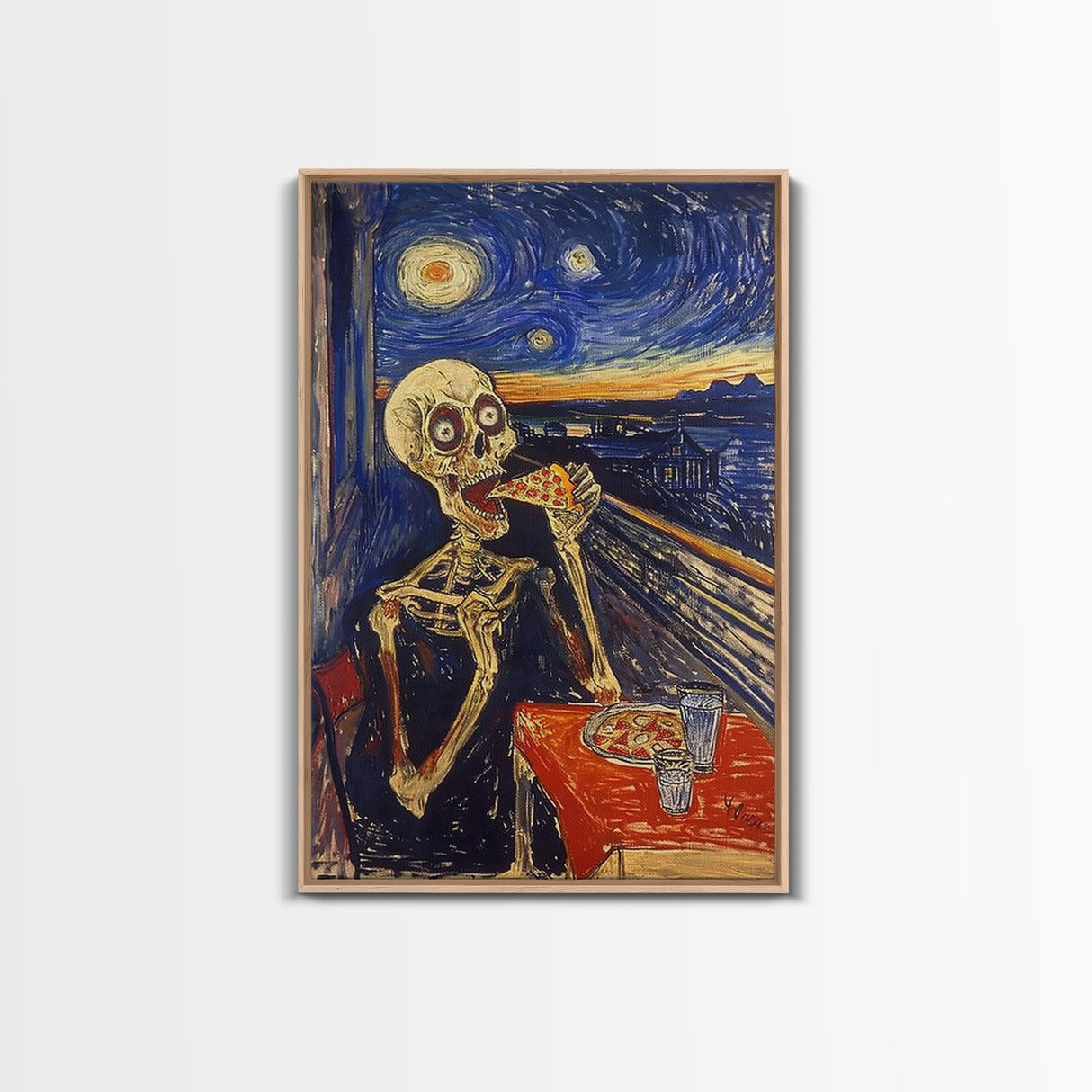 Spooky Skeleton Dude Eatin' a Pizza, Starry Night Inspired Funny Halloween Art, Framed Canvas Print