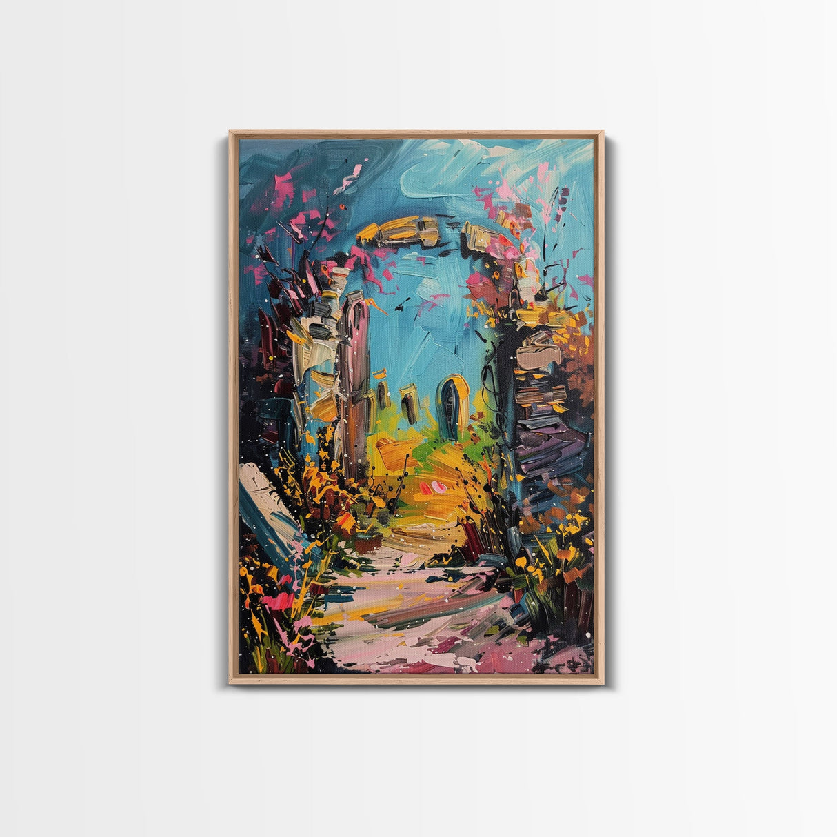 Ruined Archway Framed Canvas Print, Halloween Art, Haunted Garden, Spooky Ruins, Eerie Pathway, Fall Decor, Gothic Wall Art, Haunted Decor
