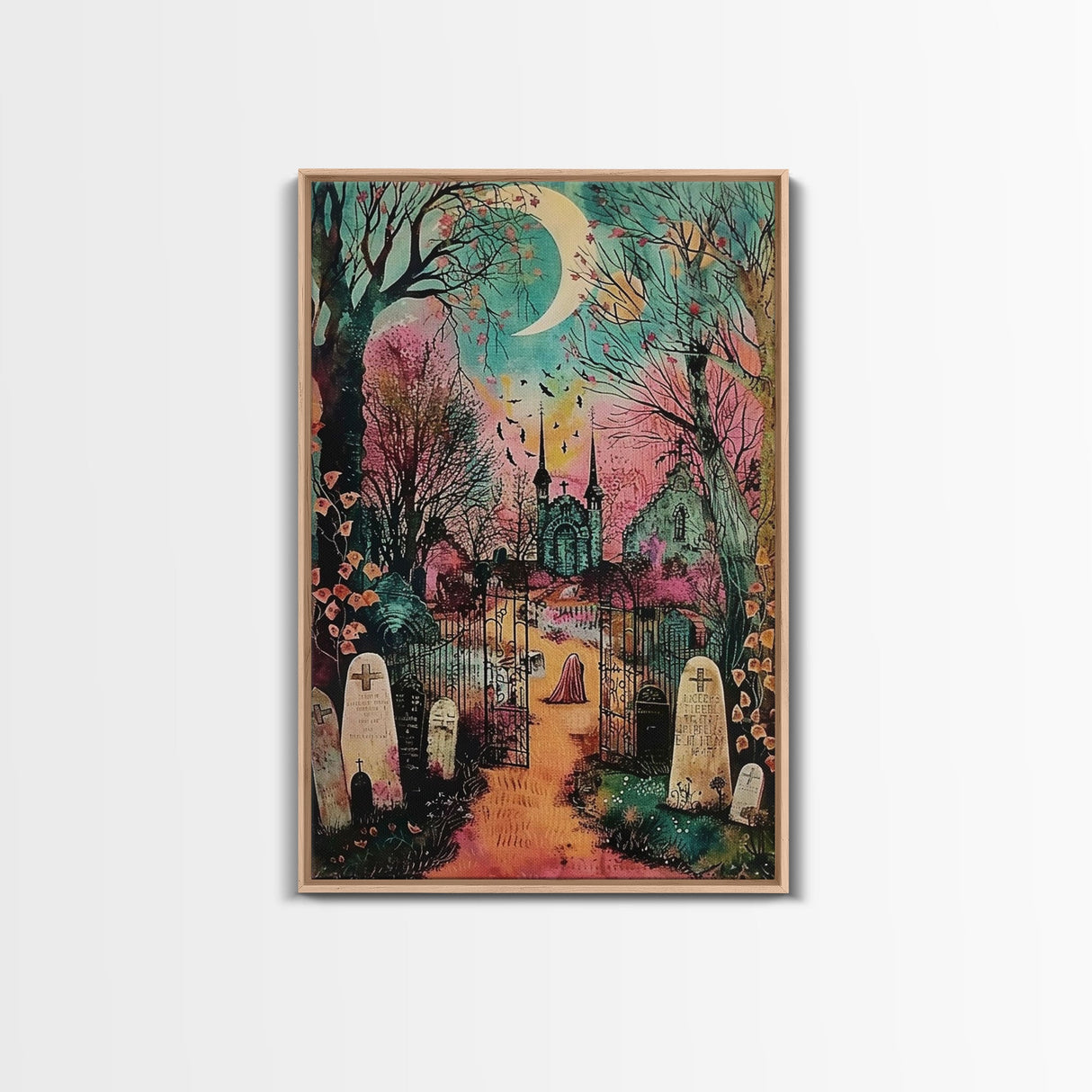 Creepy Moonlit Trees Framed Canvas Print, Haunted Forest Art, Halloween Night Scene, Eerie Woods Decor, Spooky Artwork, Framed Canvas Print