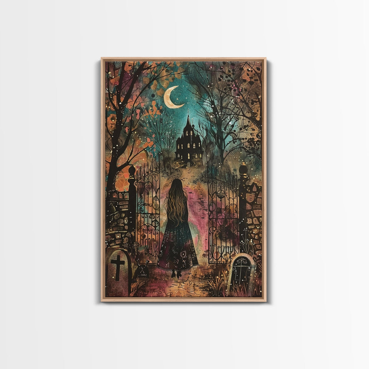 Gothic Mansion in the Forest Framed Canvas Print, Spooky Haunted House Art, Halloween, Eerie Decor, Haunted Artwork, Framed Canvas Print